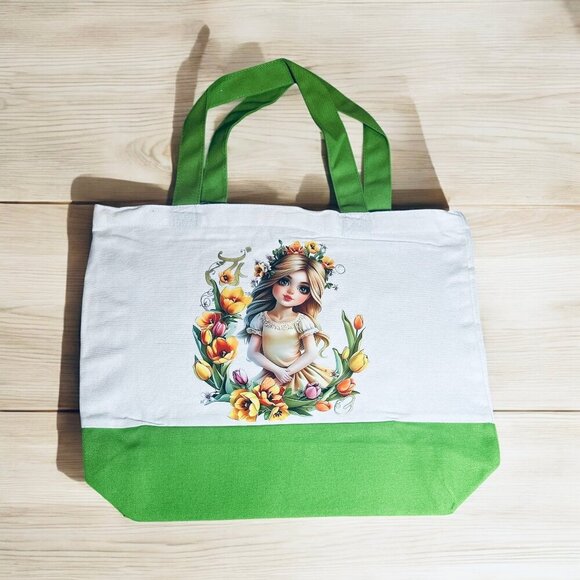 Large Canvas Tote Bag with Floral Girl Art | Hand Pressed | 17”x14” | New - Picture 3 of 4